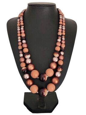 Vintage Brown Tone Plastic Acrylic Bead Double Strand Layered Beaded Necklace